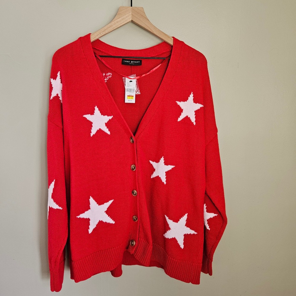 NEW Lane Bryant Star Cardigan Sweater Sz 18/20 Plus Red White V-Neck NWT